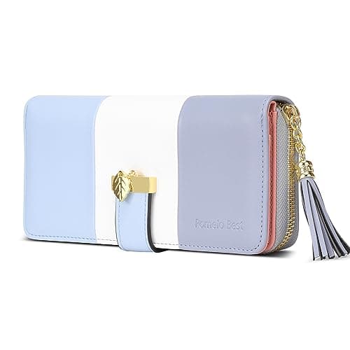 Image of Pomelo Best Womens Wallet RFID Blocking Large Capacity Long Purse with 12 Card Slots, Zipper Phone Coin Pocket (Light Blue/Grey Blue)