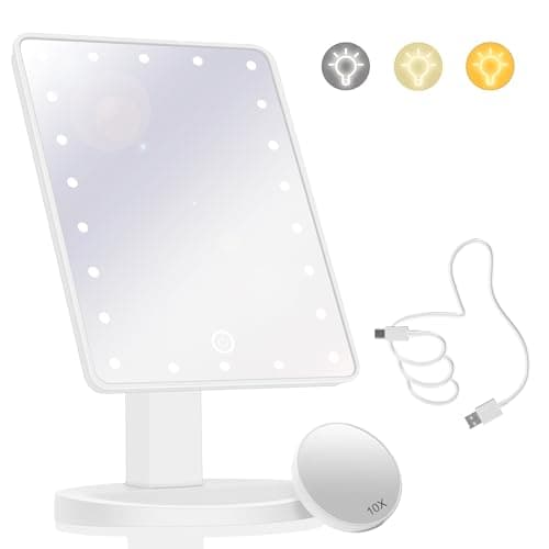 Image of Makeup Vanity Mirror with Lights and 22 LED Lighted Makeup Mirror, Detachable 10X Magnification, Adjustable Dimming Touch Sensor, Dual Power Supply, 270° Rotation, Portable Cosmetic Mirror - White