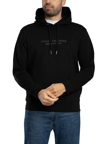 Image of Armani Exchange Men's Long Sleeve Drawstring, Front On Tone Logo Hooded Sweatshirt, black, L