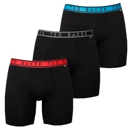 Image of Ted Baker Mens Boxers Brief, Cotton, 3-Pack, (TBB01), Black Red/Black Black/Black Blue Danube, L