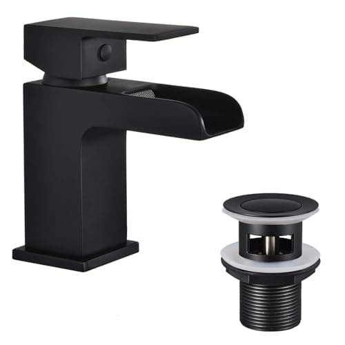 Image of Funime Basin Mixer Taps Black Square with Slotted Pop-up Waste Waterfall Bathroom Sink Tap Brass Single Lever G1/2’’ with Hoses Semi-Open Hot and Cold Water Mixers Monobloc Modern