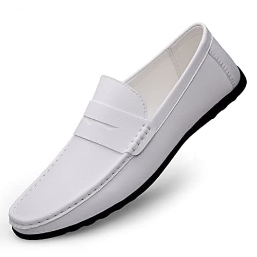Image of Men's Loafers Flat Breathable Casual Leather Moccasins Handmade Slip On Driving Business Shoes White Size 8.5
