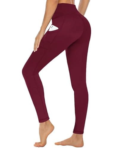 Image of CAMPSNAIL Leggings for Women with Side Pockets High Waisted Gym Yoga Sports Running Stretchy Leggings Soft Opaque Tummy Control Workout Pants Ladies (UK 12-16,Burgundy,L-XL)