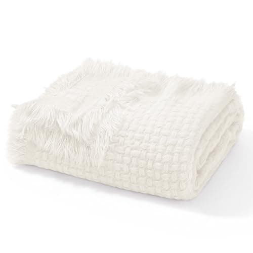 Image of Exclusivo Mezcla Knit Throw Blanket with Fringes for Sofa, Reversible Super Soft and Breathable Woven Boho Throw for Summer, Home Decor, 127x152 CM, Ivory