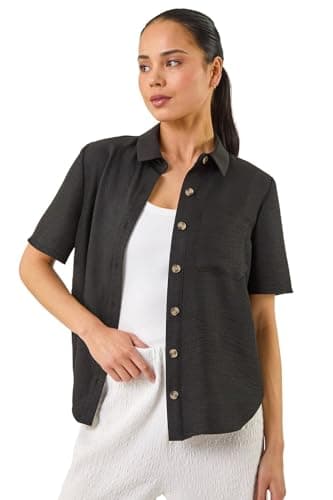 Image of Roman Originals Short Sleeve Shirt for Women Ladies Cotton Blouse Button Tunic Printed Top Work Smart Casual Going Out Work Office V Neck Everyday Evening Event - Petite Black - Size 12