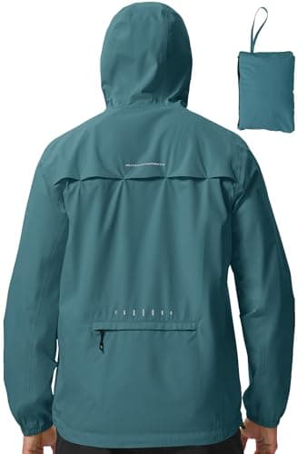 Image of donhobo Men's Waterproof Jackets,Rain Coats for Men Lightweight Breathable Packaway Hiking Raincoat Adjustable Hood Seams Sealed Ventilated Front and Back Foldable Packs in This Back Pockets Blue XL