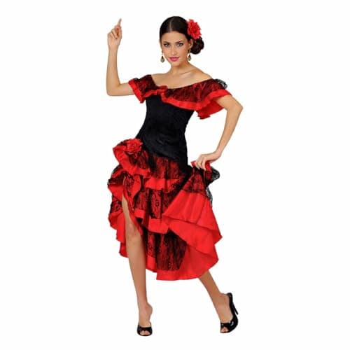 Image of Wicked Costumes Adult Women’s Spanish Senorita Costume – Red Flamenco Style Fancy Dress for Halloween, Fiesta & Themed Parties - Small (UK 10-12)