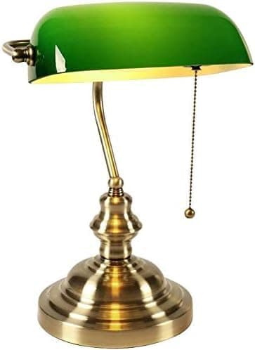Image of Banker's Desk Lamp with Emerald Green Cased Glass Shade and Solid Base Bankers Pull Chain Switch Plug in Fixture,Satin Brass Finish