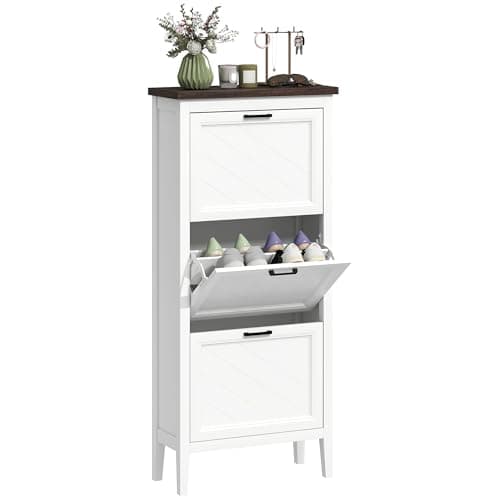Image of HOMCOM Shoe Cabinet with 3 Flip Drawers, Farmhouse Narrow Shoe Storage Cabinet with Adjustable Shelves, Freestanding for Entryway, Hallway, Living Room, Holds 12-18 Pairs, White