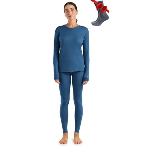 Image of Merino.tech Merino Wool Base Layer Womens Set - Merino Thermal Underwear Womens Top and Bottom Lightweight, Midweight, Heavyweight (Medium, 165 LITE Denim Blue)