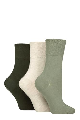 Image of IOMI SOCKSHOP Footnurse Ladies’ Gentle Grip Diabetic Socks Plain Seamless Socks Wide Fit Cuffs Comfort Size 4-8 3 Pairs (UK, Numeric, 4, 8, Regular, Regular, Khaki/Forest/Grey)