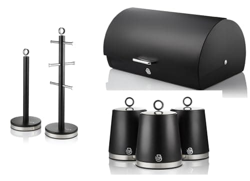 Image of Swan Serenity Bread Bin, Tea, Coffee, Sugar Canisters, Mug Tree & Towel Pole in Black with Polished Stainless Steel Accents. Beautiful Design Kitchen Storage Set of 6 with a Sleek Black Finish
