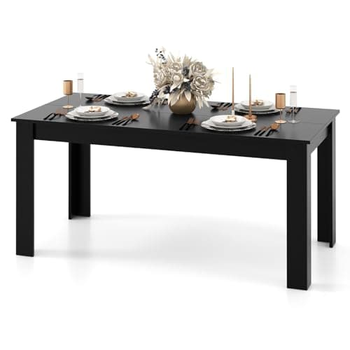 Image of COSTWAY 160 x 80 x 76cm Large Dining Table, 8 Seater Rectangular Dinner Table with L-shaped Legs & Wood-like Surface, Modern Wooden Kitchen Dining Room Office Working Desk (Black)