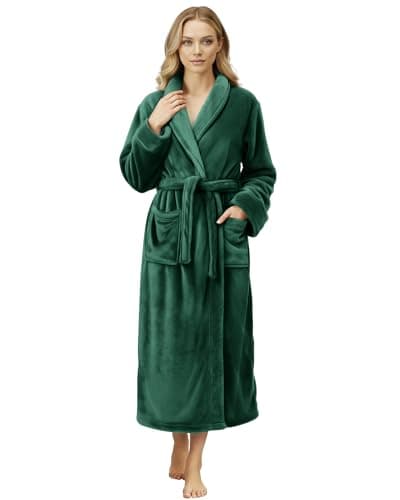 Image of NY Threads Women Fleece Shawl Collar Bathrobe Plush Long Robe, Green, X-Large