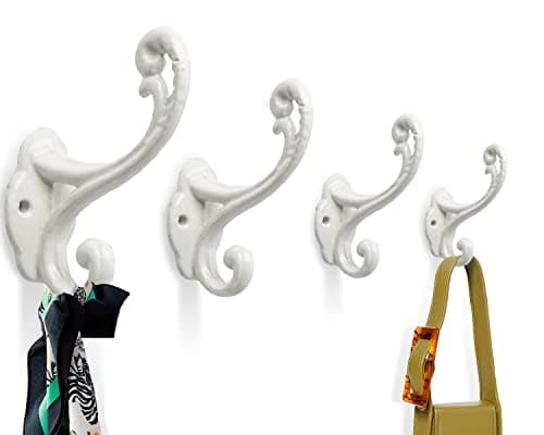 Image of Decorative Rustic Wall Hooks – Shabby Chic Set of 4 Wall Mounted for Coats, Bags, Towels and More – Vintage Hooks for Farmhouse Decor - Sturdy, Cast Iron in Rustic White Color