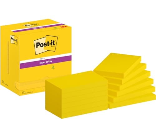 Image of Post-it Super Sticky Notes, 1080 Sheets, Value Pack of 12 Pads, 76 mm x 127 mm - Holds Strong to Many Surfaces - Yellow - for Walls, Monitors and Fridge, Recycable