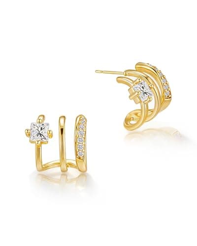 Image of HANLI 14K Gold Plated Triple Huggie Hoops Illusion Stud Earrings Trendy Cubic Zirconia Hypoallergenic Statement Double Huggie Hoop Earrings for One Hole Gold Hoop Earrings Jewellery Gifts for Women
