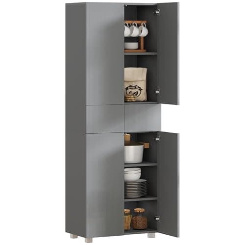 Image of HOMCOM 4-Door Kitchen Cupboard, Tall Freestanding 5-Tier Storage Cabinet with 3 Adjustable Shelves, 2 Drawers for Living Room, Dining Room, Push to Open Design, High Gloss Grey