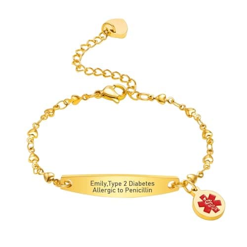 Image of VNOX Emergency Bracelet for Women Personalized : Customized Medical Alert ID Bangle Link Charm Stainless Steel Engraving Name Identification Gold Jewelry Medical Alert Bracelets for Ladies Girls