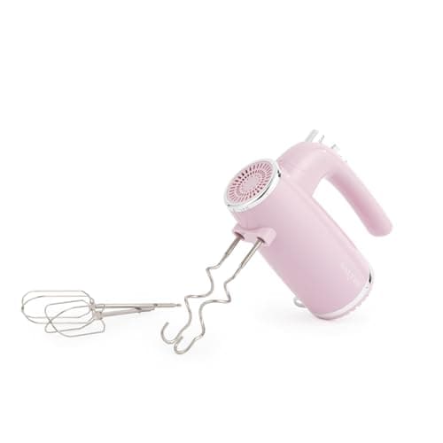 Image of Salter Pink Retro Hand Mixer – Electric Whisk, 5 Speeds + Turbo, XL Chrome Beater & Dough Hook Accessories, Baking Mixer, For Pizza Dough, Meringue, Eject Function, Vintage-Inspired Design, 400W