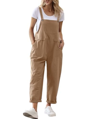 Image of YESNO Women's Dungarees Loose Casual Plus Size Lightweight Sleeveless Overall Long Jumpsuit Playsuit Trousers Pants Dungarees (L PV9UK CAMEL)