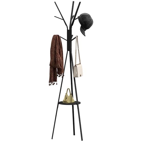 Image of HOMCOM Freestanding Metal Coat Rack Stand 9 Hooks Clothes Tree with 1 Shelf Hat Display Hall Tree Hanger Bag Umbrella Hanging Organiser Black
