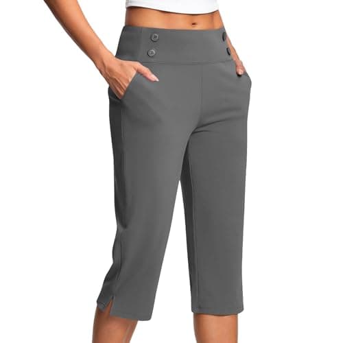 Image of HAOLEI Cropped Trousers Women Summer Petite 3/4 High Waist Stretch Ladies Capri Pants Casual Smart Tailored Suit Trousers Straight Leg Yoga Work Office Dress Pants with Pockets UK Clearance Dark Gray