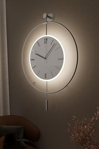 Image of FUNTLY Timelles Wall Clocks for Living Room, 50cm Large Modern Silent Wall Clock, Gold Clock with No Ticking, Scandinavian Design with Sweep Movement, for Home Decor (Silver Matt Led)