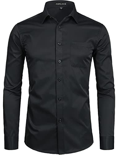 Image of PARKLEES Men's Long Sleeve Dress Shirt Solid Slim Fit Casual Business Formal Button Up Shirts with Pocket Black L