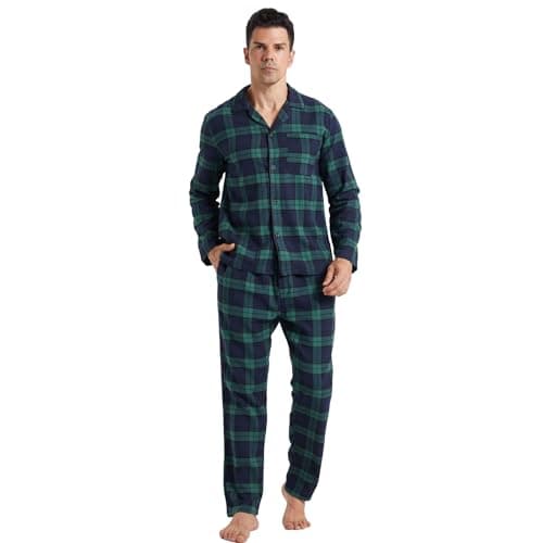 Image of LANBAOSI Men's Pajama Sets Long Sleeve Checked Lounge Wear Set Flannel Pyjamas Plaid Top and Bottoms 2 Piece Winter Cotton Nightwear Green