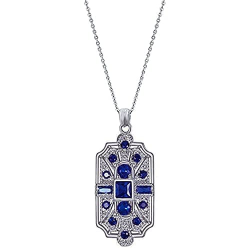 Image of Secret for Longevity Geometric Art Deco Vintage Antique Flapper Gatsby Retro Style Royal Blue Sapphire Rhinestone 19'' inch Silver Tone Chain Pendant Necklace