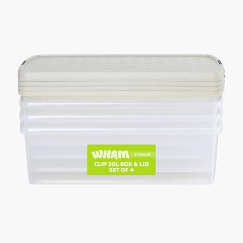 Image of Wham Clip 4 x 30L Rectangular Stackable Plastic Storage Boxes with Lids | Ideal for Home, Office, Toys & More | Storage Containers with Clip Locks | Made in UK - Clear/Stone