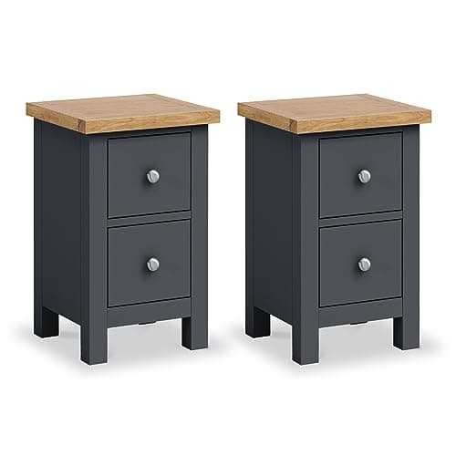 Image of Farro Charcoal Grey Slim Bedside Tables Set of 2 Cabinet Units with Oak Tops | Roseland Furniture Pair of Solid Wood Painted Side End Nightstands with 2 Drawer Storage for Bedroom | Fully Assembled