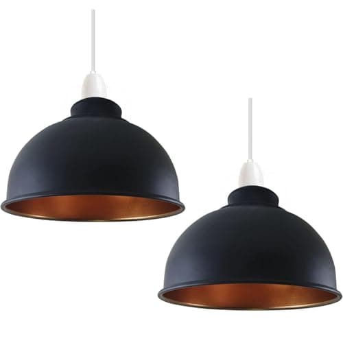 Image of Black Inner Gold Metal Ceiling Lamp Shades Industrial Dome Pendant Light Shades, Modern Easy Fit Lampshade for Kitchen, Bedroom, Living Room, E27 Fitting, Set of 2