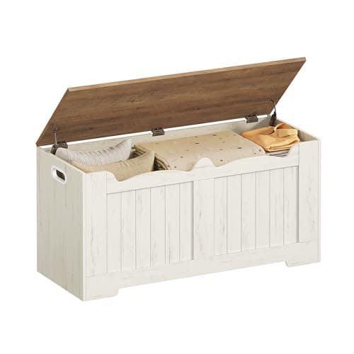 Image of Hzuaneri Storage Chest, Storage Trunk with 2 Secure Hinge, 100 cm Lift-Top Storages Bench, Wooden Storages Organizer, Shoe Bench for Entryway, Bedroom, Living Room, White and Brown SB01014B