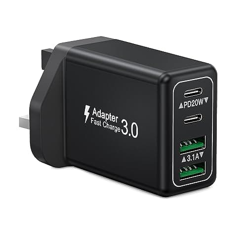 Image of USBC Plug UK, 40W 4 Port USB Plug Fast Charger Dual USB-C Power Adapter+ QC USB Wall Plug, Multi Mains Charger Plug, Type C Charging Plug for iPhone 17 16 15 14 13 12 11 Pro Max Plus XS, Samsung