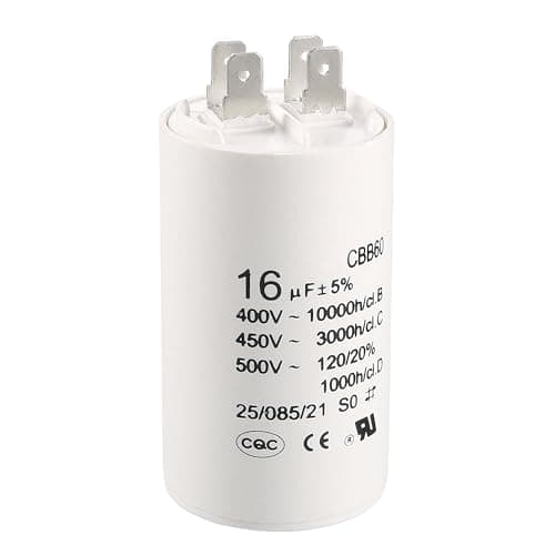 Image of sourcing map CBB60 Run Capacitor 16uF 450V AC Double Insert 50/60Hz Cylinder 72x40mm White for Air Compressor Water Pump Motor