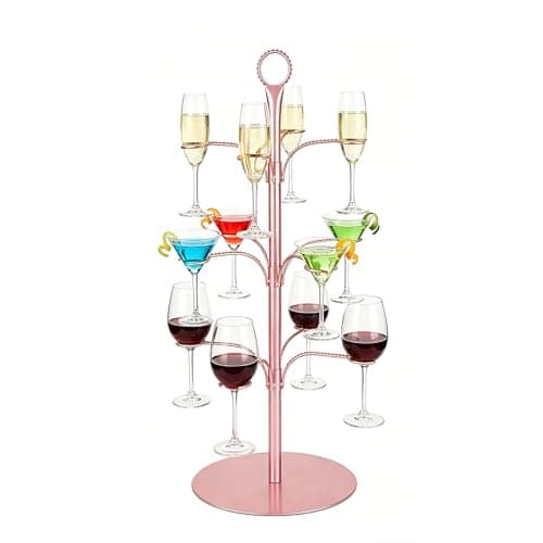 Image of YCWF Cocktail Tree Stand for Party,Champagne Tower, 3 Tier - 12 Holders Drink Tower,Wine Glasses Holder for Champagne, Cocktails, Martini, Margarita Cups(Pink)