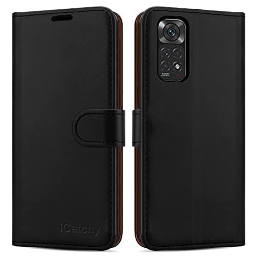 Image of iCatchy for Xiaomi Redmi Note 11 Case Leather Wallet Book Flip Folio Stand View Cover with Card Slots and Kickstand for Redmi Note 11 Phone Cover (Black)