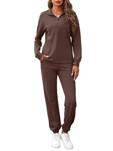 Image of REORIA Women Cotton Half Zip Tracksuit Set Henley Neck Lounge Wear Sets Long Sleeve Two Piece Outfit Solid Color Co Ord Sets Coffee XL