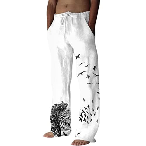 Image of Beokeuioe Long summer trousers, lightweight linen trousers, men's casual trousers, beach trousers, linen trousers, casual, loose fit, plain jogging bottoms, harem trousers, men's linen chino