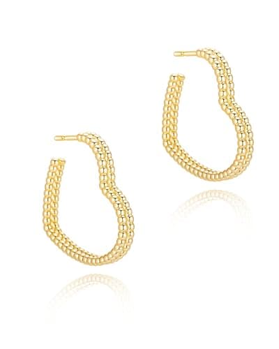 Image of PRTGL Hoop Earrings - 14K Gold Plated Double Heart Open Hoop Earrings with Beaded Texture, Dainty Design