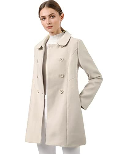 Image of Allegra K Women's Peter Pan Collar Double Breasted Winter Long Trench Pea Coat Beige XL