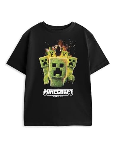 Image of Minecraft Creeper Black Graphic Tee | Boys Short Sleeve T-Shirt | Casual Movie Merchandise Movie Theme Apparel for Kids | Classic Crew Neck Top - 7-8 Years