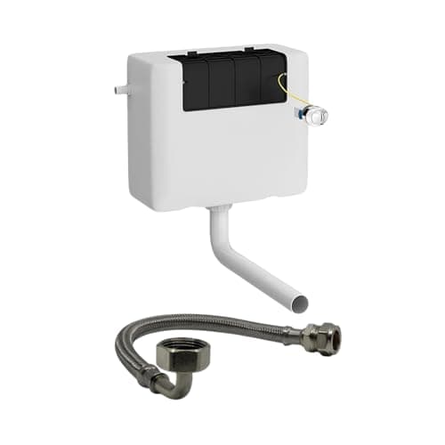 Image of Concealed Cistern Dual Flush 3/6L Toilet Flush System with Bent 15mm Flexible Hose, Back to Wall Cable Operated Cistern, Compact 334x136x303mm, WRAS Fill & Flush Valves, Chrome Button, 1/2"