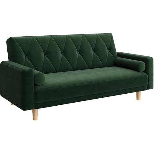 Image of Yaheetech Convertible Sofa Bed Fabric Sofa Couch Click Clack Modern Sleeper Sofa Settee with 2 Bolster Pillows for Living Room/Guest Room Green
