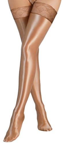 Image of Women's Shiny Oil Lace Thigh High Stockings Ultra Lingerie Shimmery Sheer Opaque Oil Pantyhose Stockings Hosiery Tights Halloween Costume Cosplay Brown