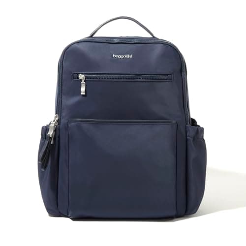 Image of Baggallini Tribeca Expandable Travel Laptop Backpack Water-Resistant Nylon Work Bag w/Organization, Padded Sleeve & RFID Tech, French Navy, One Size