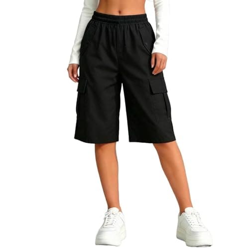 Image of Bermuda Cargo Shorts for Girls Knee Length High Waist Pull On Shorts with Pockets Summer Quick Dry Baggy Biker Trousers Teen Loose Fit Running Hiking Athletic Bottoms (Black, 12-13 Years)