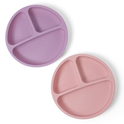 Image of Aolso Plate Silicone Suction Plates,2Pcs Suction Plates, Non Slip Silicone Weaning Plate, Divided Dishes for Self Feeding, Fits for Most Highchairs Trays